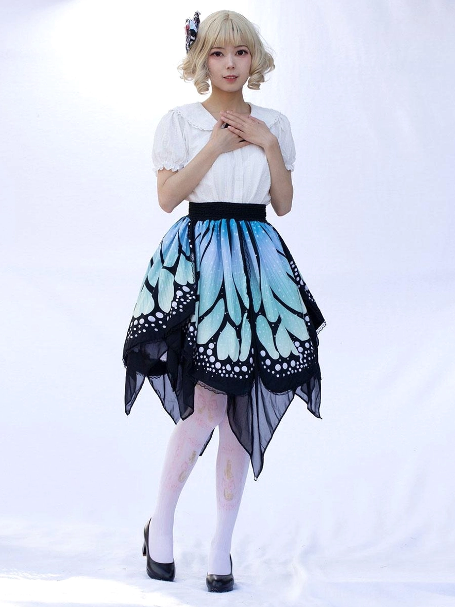 Lolita butterfly print skirt detail and styling view showing ruffles, handkerchief hem construction, waistband design, and overall sweet lolita aesthetic