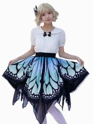 Sweet lolita butterfly half skirt full-body front view on model wearing white blouse, featuring blue-black butterfly wing print and irregular handkerchief hem with black waistband