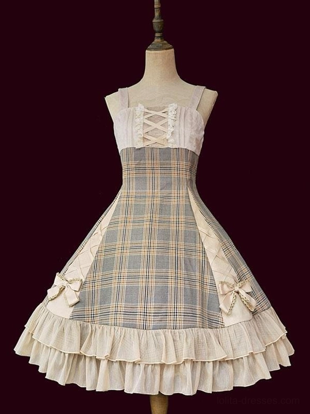 Camel classical Lolita JSK dress detailed shot highlighting bow embellishments, polyester fabric quality, and refined silhouette construction