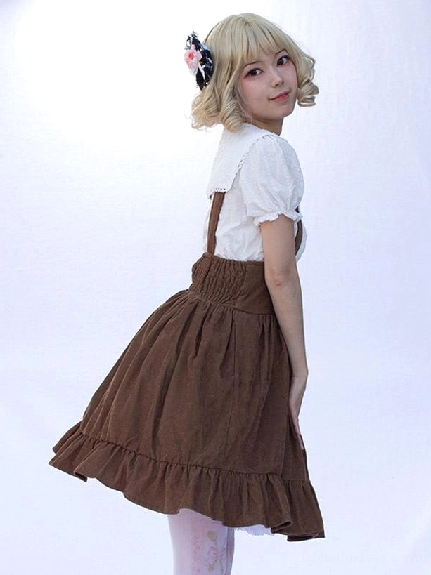 Floral print lolita skirt side-back view camel ruffled hem flared silhouette