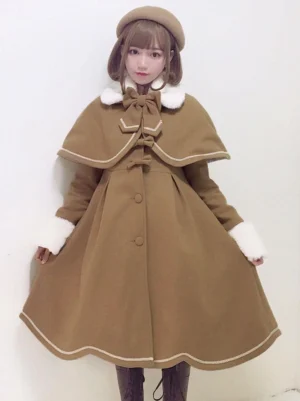 khaki camel wool sweet lolita winter coat with detachable cape white fur collar scalloped hem beige trim button closures front shot