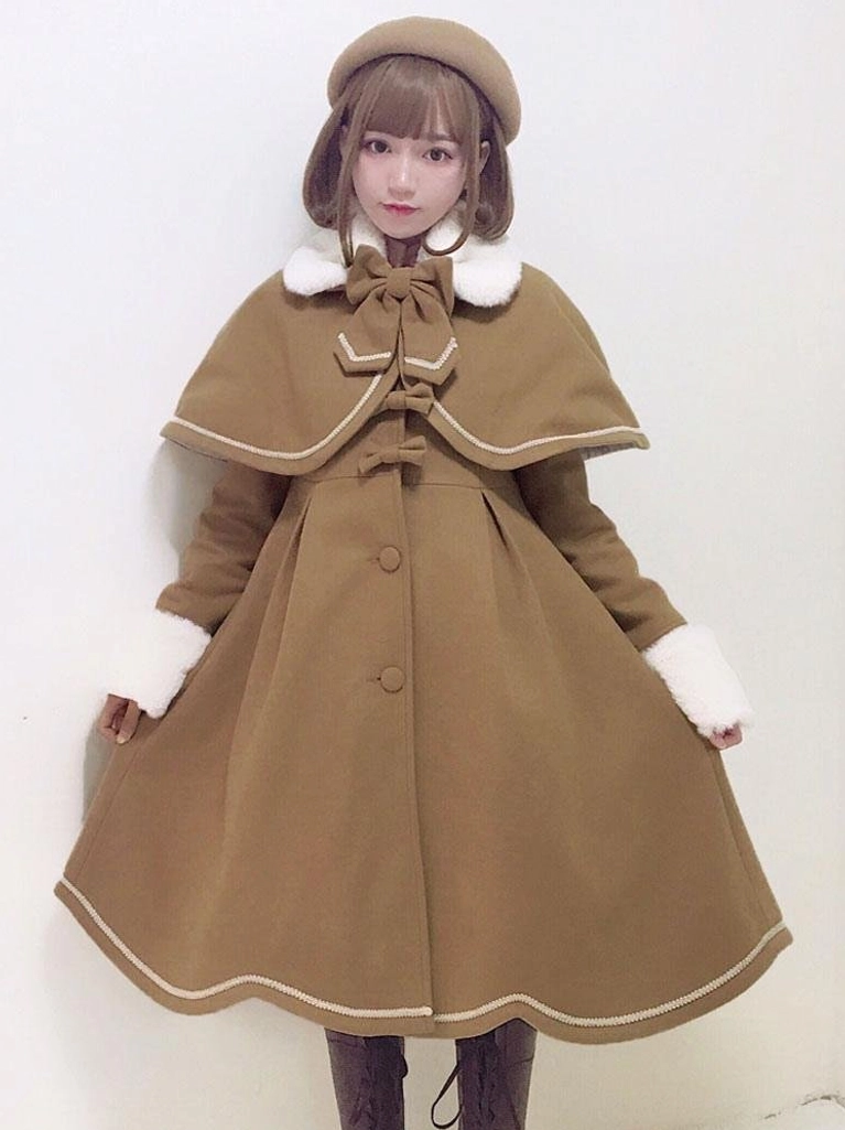 khaki camel wool sweet lolita winter coat with detachable cape white fur collar scalloped hem beige trim button closures front shot