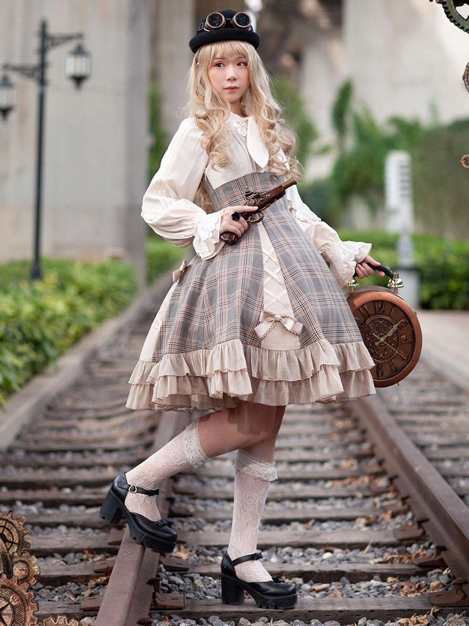 Lolita dress set side three-quarter perspective with model holding props, railway outdoor scene background, demonstrating dress silhouette