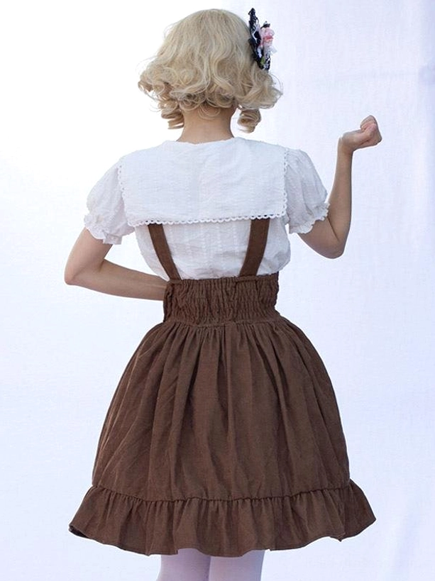 Pastoral lolita camel skirt back view shirred elastic waist lace-trimmed blouse sleeves