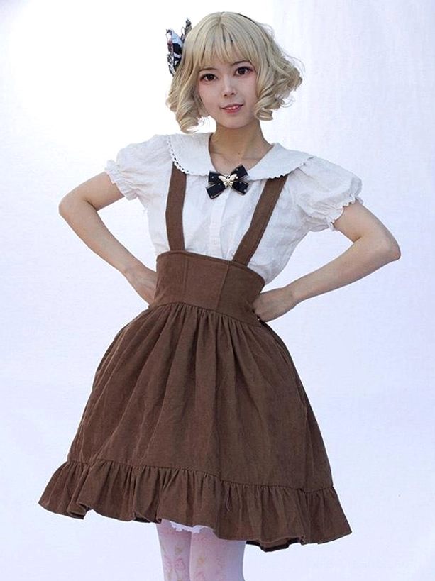 Camel pastoral lolita skirt front view solid brown corduroy classic sweet lolita silhouette