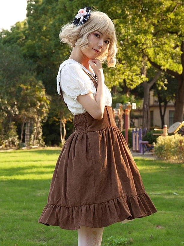 Camel pastoral sweet lolita skirt complete outfit styling suggestion with blouse and accessories