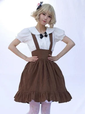 Camel pastoral sweet lolita skirt with floral print front three-quarter view showing white blouse with doll collar and ruffled hem
