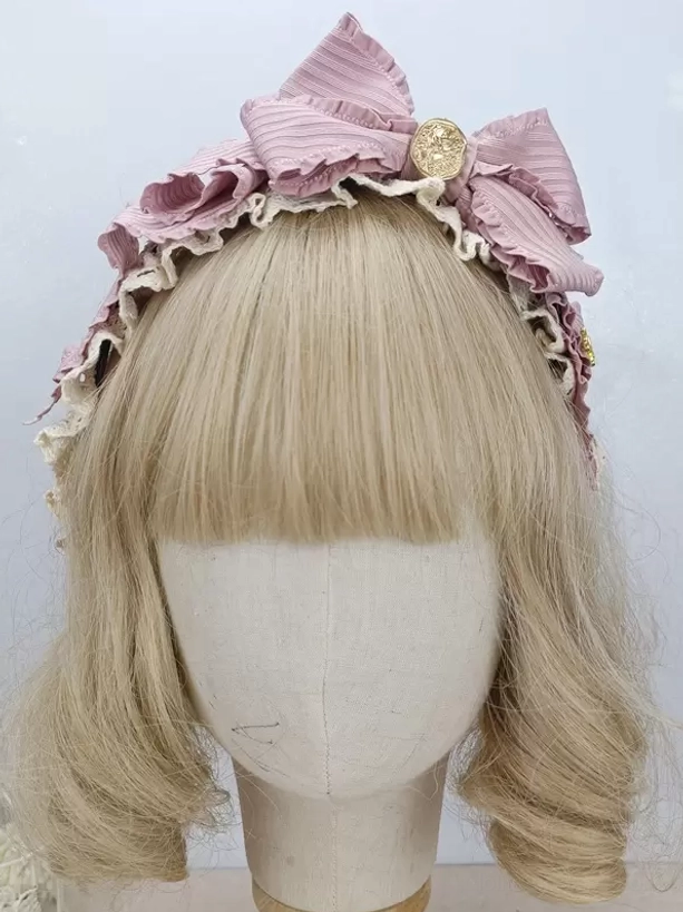 Cameo pink striped lolita bow hairband with beige ruffled edge and gold round brooch - quintessential sweet lolita hair accessory