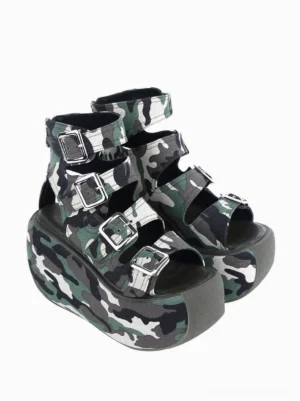 Camo gladiator platform sandals side rear view displaying adjustable metal buckles, high raised flatform base, woodland camouflage print design, gothic lolita summer footwear