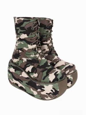 Side three-quarter perspective of camouflage lolita platform combat boots displaying mid-calf boot shaft, thick sole, and military-inspired tactical aesthetic