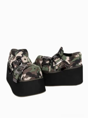 Pair of camouflage gothic lolita platform canvas shoes side oblique view thick black wedge sole