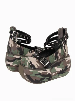 Pair of camouflage platform gothic lolita shoes side view showing double studded ankle straps rounded platform sole and vamp buckle details