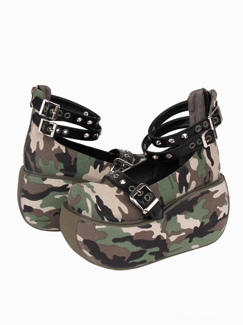 Pair of camouflage platform gothic lolita shoes side view showing double studded ankle straps rounded platform sole and vamp buckle details