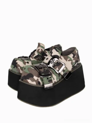 Camouflage platform gothic lolita canvas shoes with dual metal buckle straps front three-quarter view closed toe