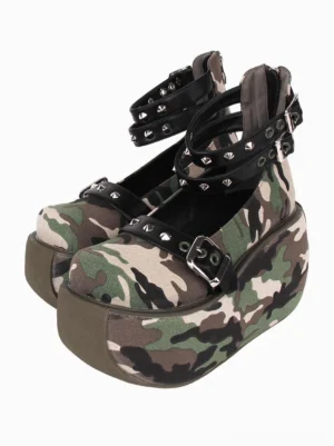Camouflage platform lolita pumps front three-quarter view featuring studded ankle straps buckle vamp and thick platform sole on white background