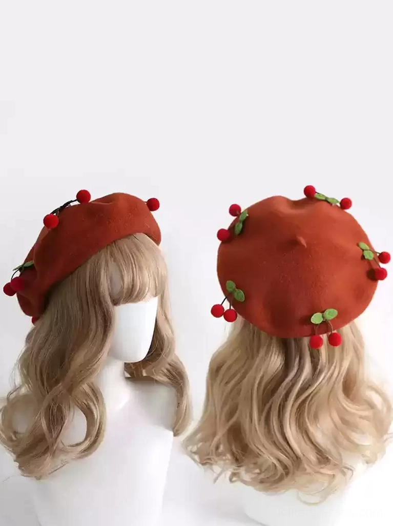 Caramel brown Sweet Lolita cherry beret with red cherry pom-pom ornaments, front and back showcase