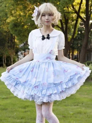 cardcaptor-sakura-lolita-suspender-skirt-peach-floral-print-front-outdoor-lawn-park-full-body-view