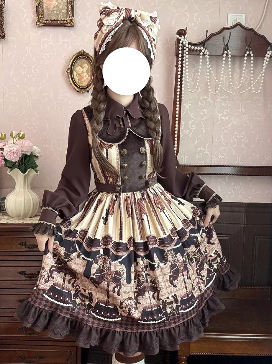 Sweet lolita dress set with long sleeve inner shirt three-quarter front view showing ruffled cuffs carousel print and matching accessories