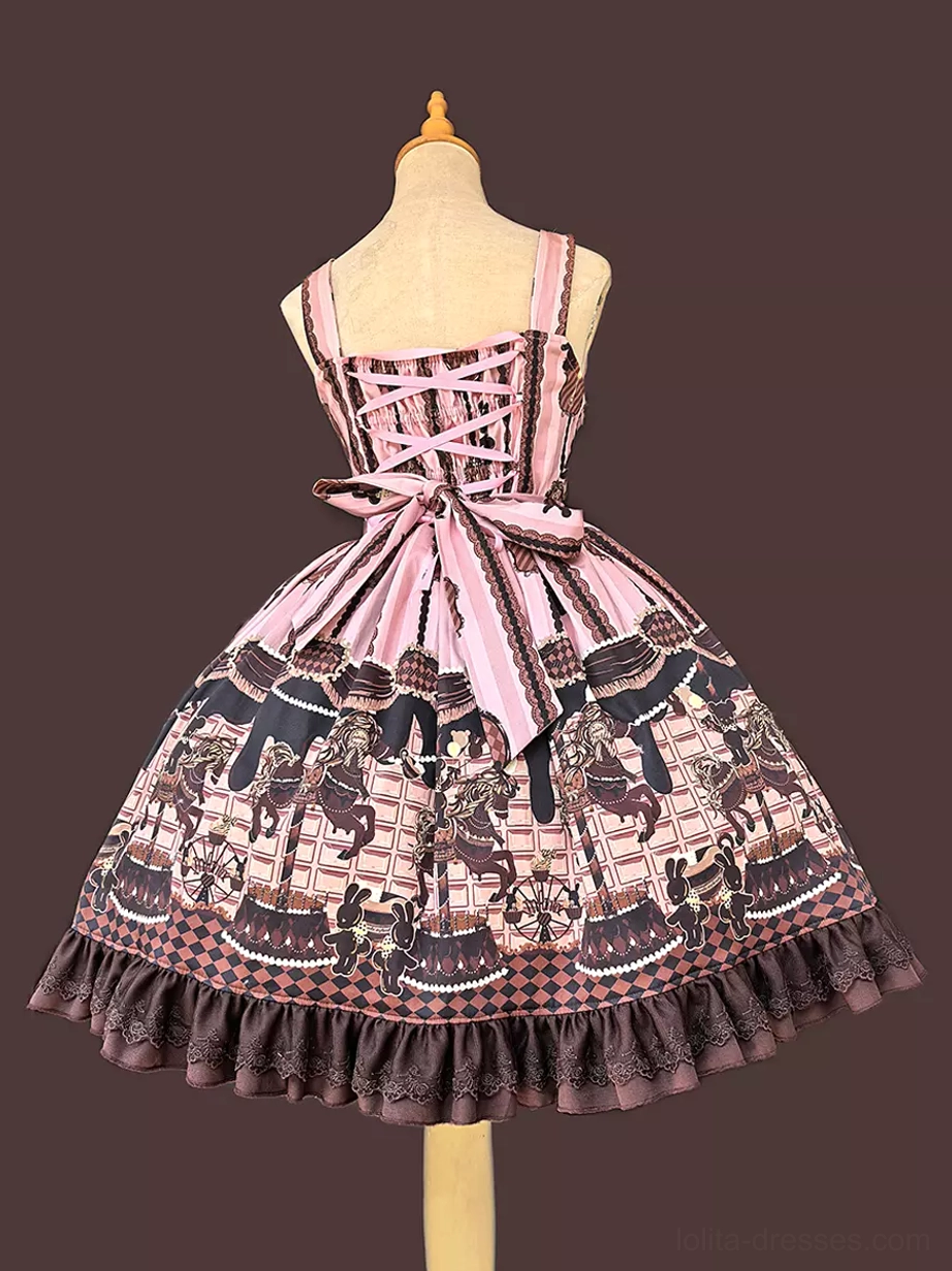 Lolita jumper skirt carousel print fabric detail showing whimsical design rococo-inspired color palette and print quality