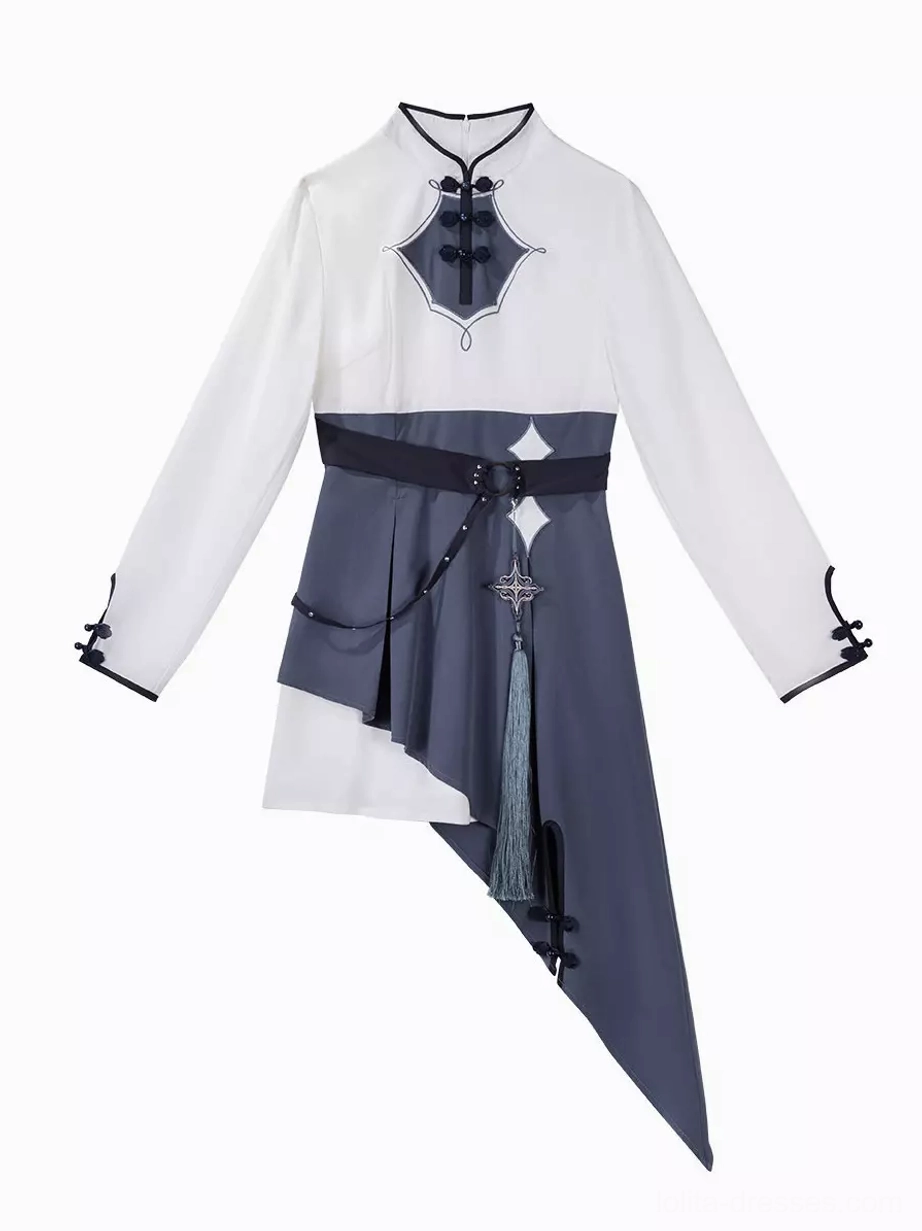 single cat ear hooded jacket top piece ouji lolita set contrast white navy Chinese-style collar asymmetrical hem detail