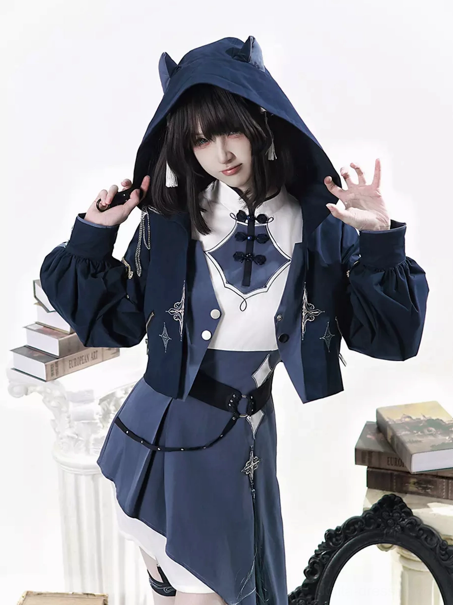 cat ear hooded ouji lolita set front close-up detail Chinese-style collar tassel skirt decoration hood adjustment