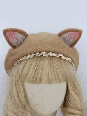 Cute cat-ear lolita beret light brown front-left view with cream ruffled lace trim on blonde wig display mannequin