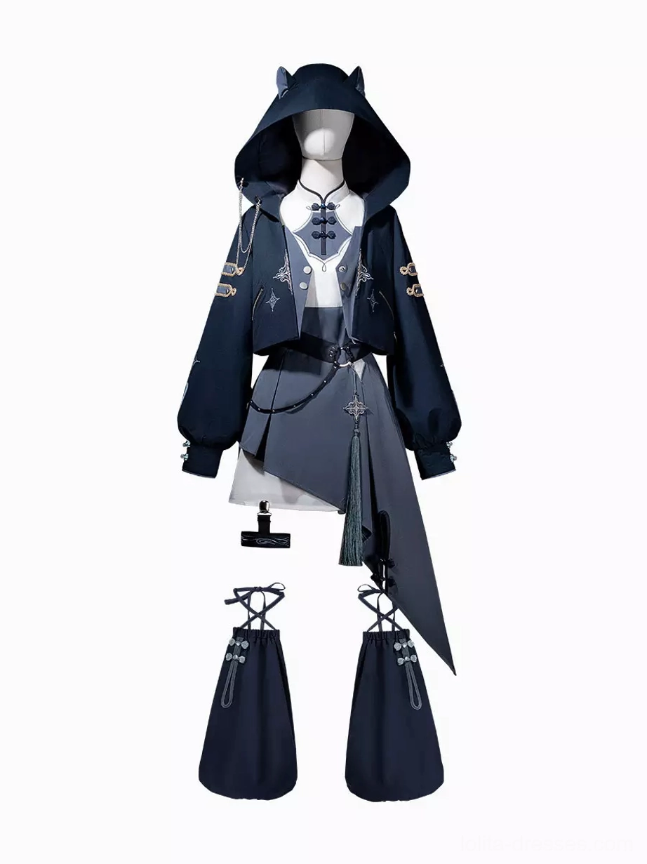 flat lay cat ear lolita complete set hooded overcoat skirt leg warmers all components navy white contrast display