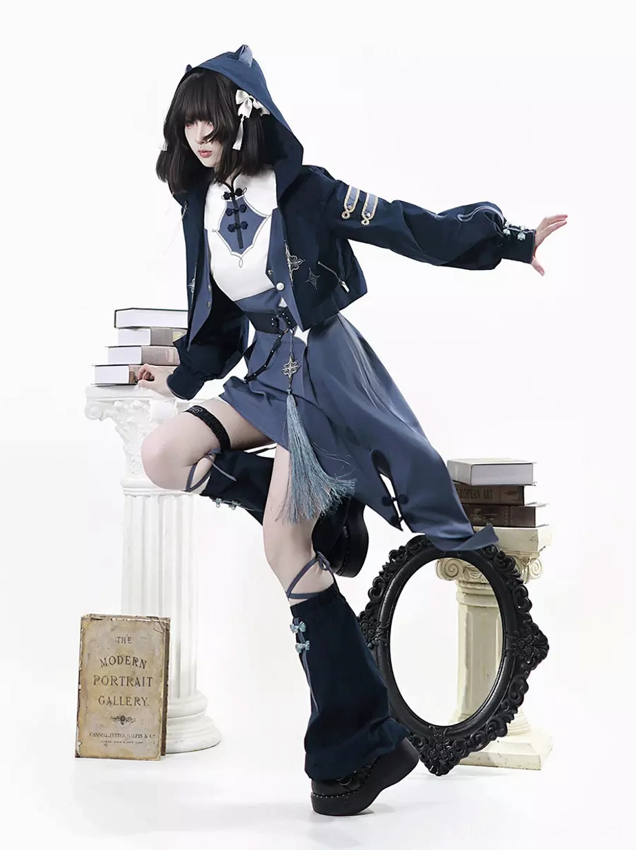 full cat ear lolita outfit side dynamic view cropped jacket asymmetrical skirt thigh strap layered design action pose