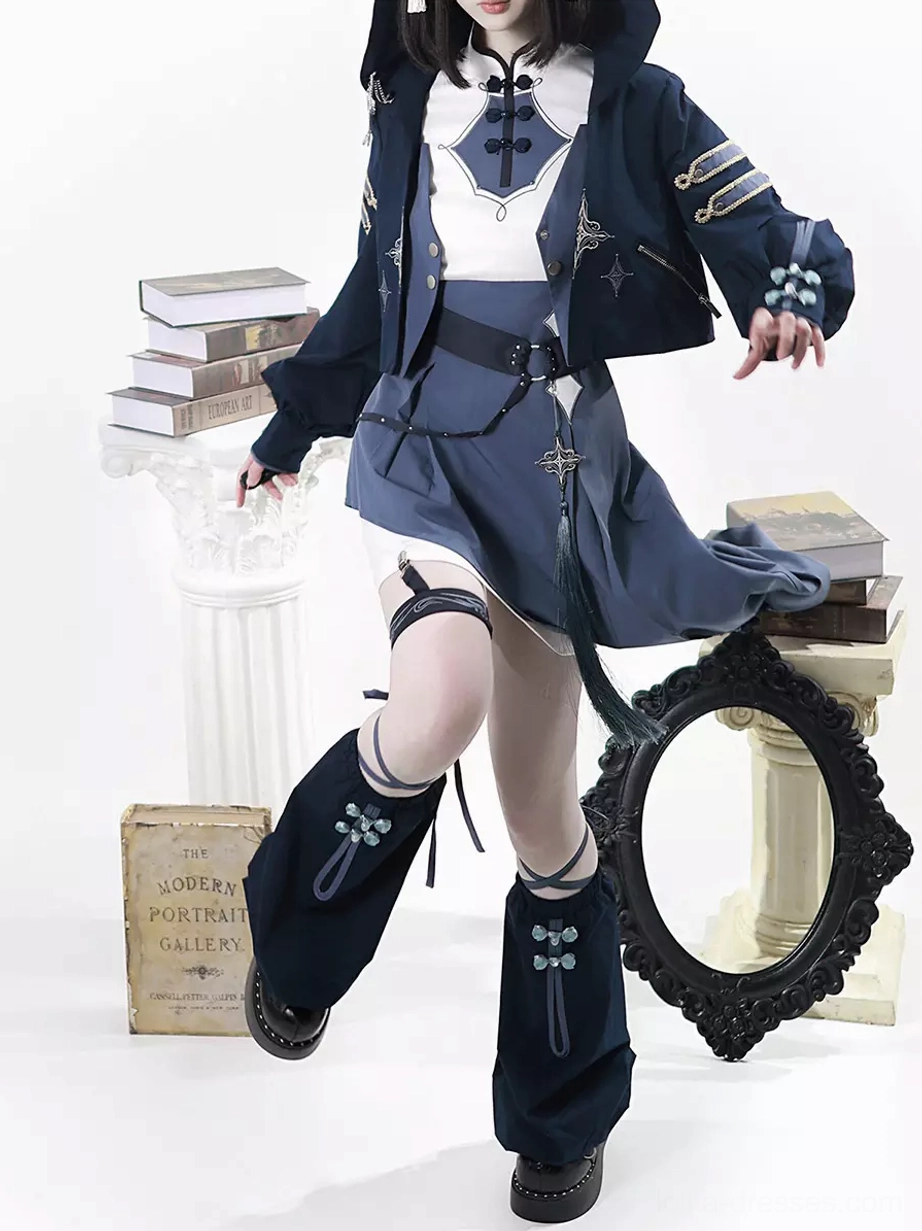 dark navy cat ear ouji lolita hooded jacket set three-quarter front view cropped jacket belted waist design studio posing
