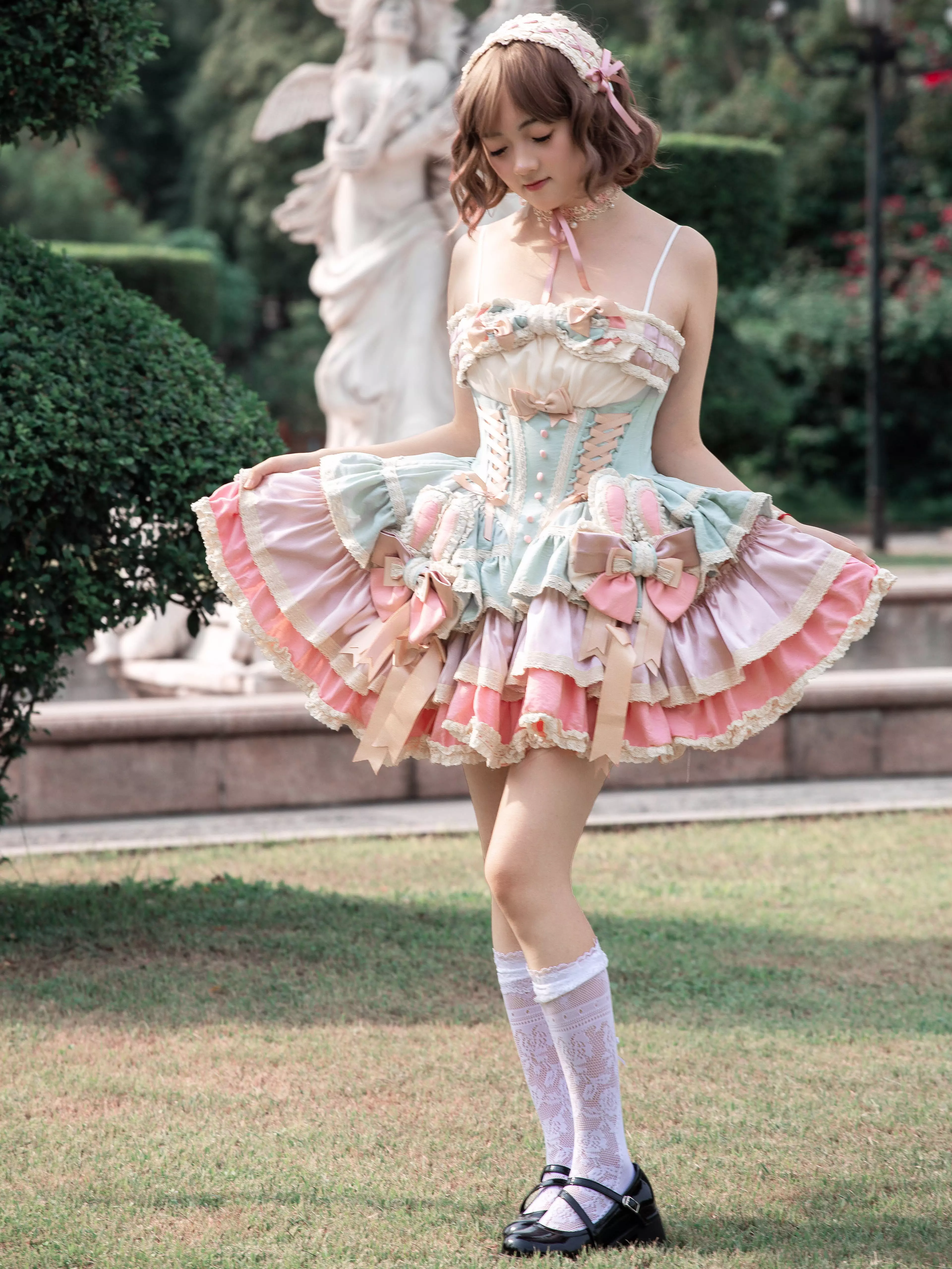 Hime sweet lolita fairy dress showcasing theatrical silhouette ballet-inspired proportions and enchanting whimsical fairy-tale aesthetic