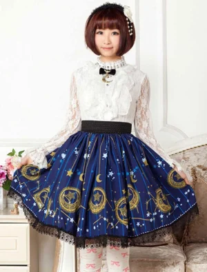 Lolita short skirt featuring navy blue with gold star print, elastic black waistband, modeled with bow-patterned tights, front angle showcase