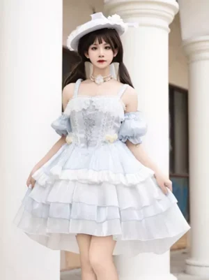 Sky blue sweet Lolita dress side-front angle model wearing white bow hat corset-style bodice tiered ruffled hem off-shoulder sleeve details