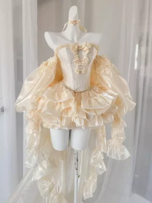 Champagne ballet lolita dress with ruffled train front three-quarter view on dress form, strapless corset bodice with bow embellishments and layered ruffles