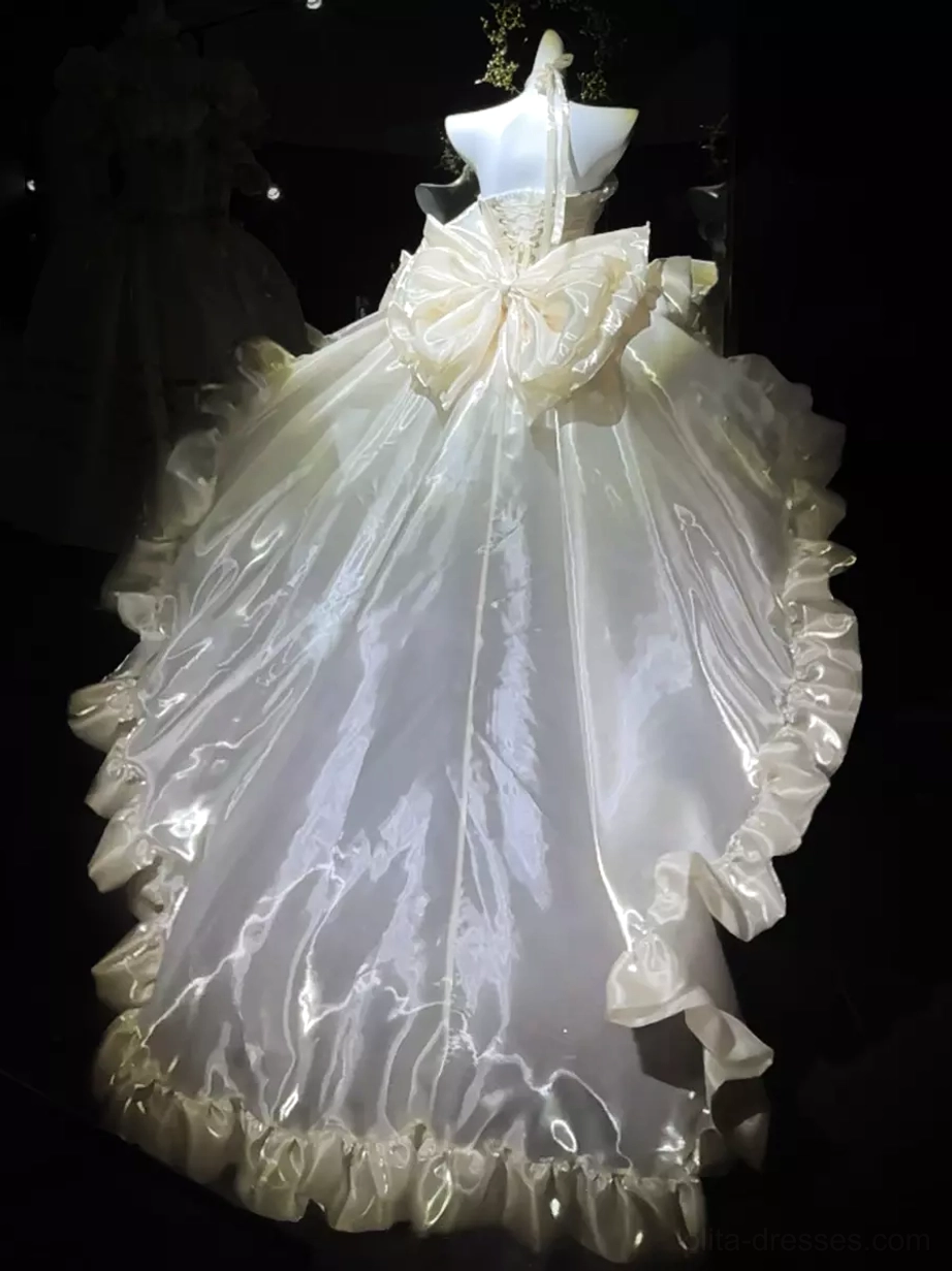 Champagne ballet lolita dress showcasing strapless bodice design, structured corset fit, ruffled skirt volume, and trained hem detail