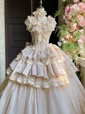 Three-quarter view of champagne lolita dress showcasing layered pleated skirt and corset-style lace-up bodice with bow details