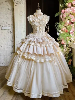 Champagne fairy lolita sleeveless ball gown with corset bodice and satin bows front view on dress form