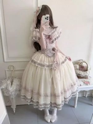 champagne fairy lolita gown full body mirror selfie view romantic lace ruffles cinched waist floral bow embellishment