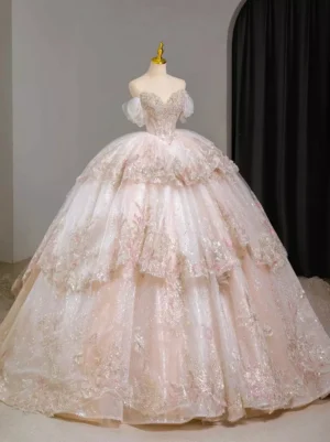 Champagne gold glitter lace off-shoulder ballgown dress tiered skirt sweet lolita style elegant bridal gown front view