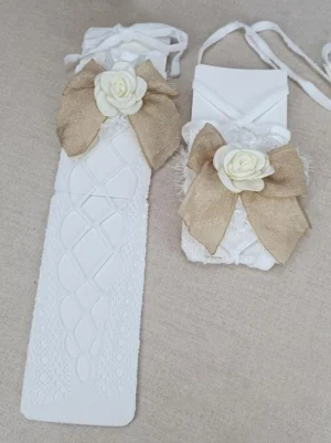 Champagne bow ivory lolita socks featuring diamond pattern knit texture with cream fabric roses and adjustable lace-up calf ties for perfect fit