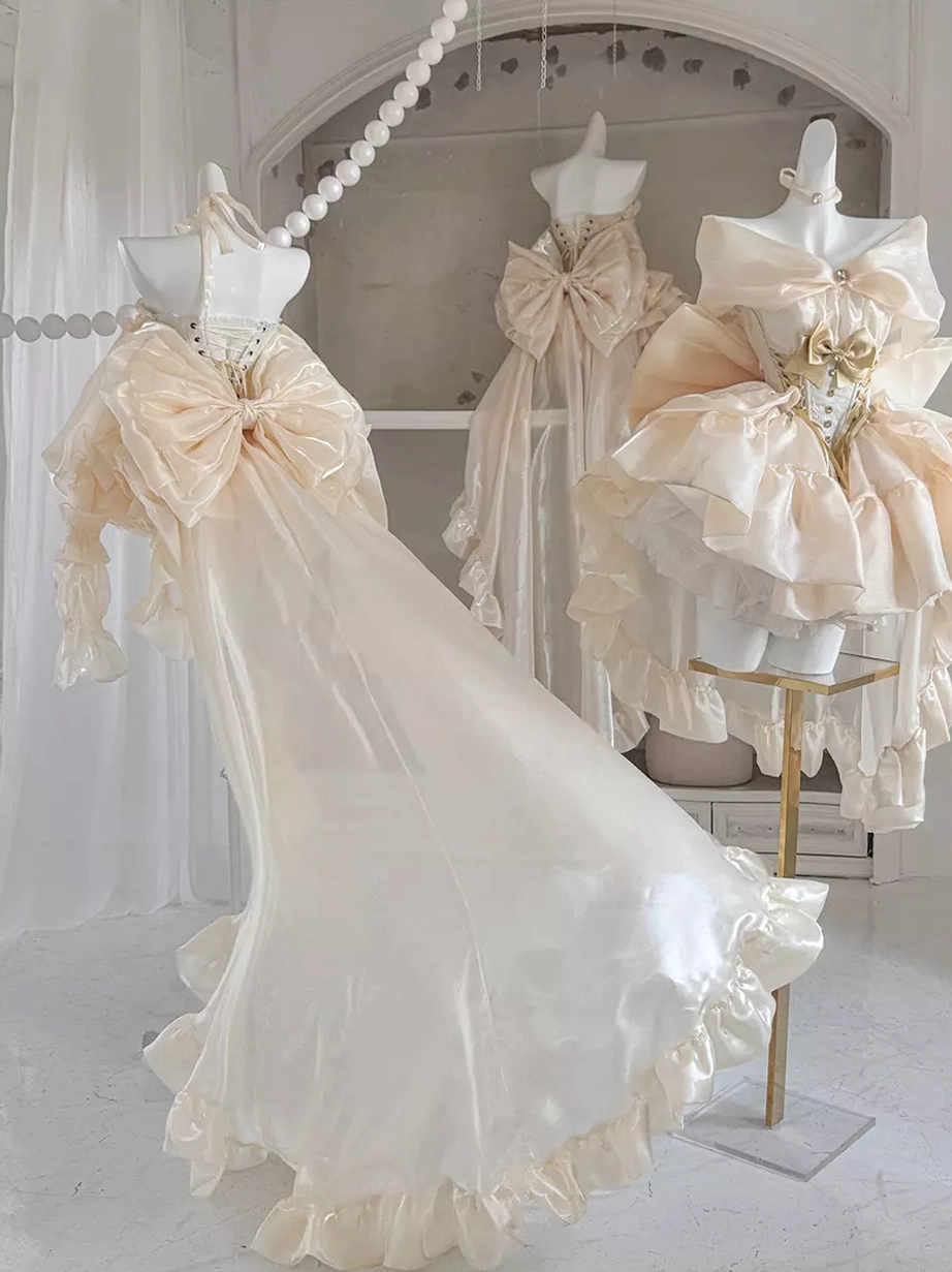 Champagne lolita fairy dress with dramatic train cascade, multiple layered ruffles, and romantic rococo silhouette, full-length view
