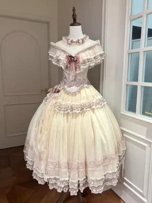 champagne fairy lolita formal gown front display dress form pink lace collar tulle skirt bow flower details