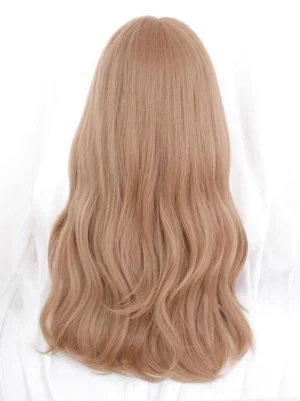 Back view of champagne heat-resistant synthetic fiber lolita wig showcasing loose full wavy long hair texture and voluminous romantic silhouette