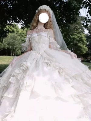 Champagne off-shoulder sweet lolita wedding dress with layered ruffles, sheer ruffled sleeves, and corset waist front view on model