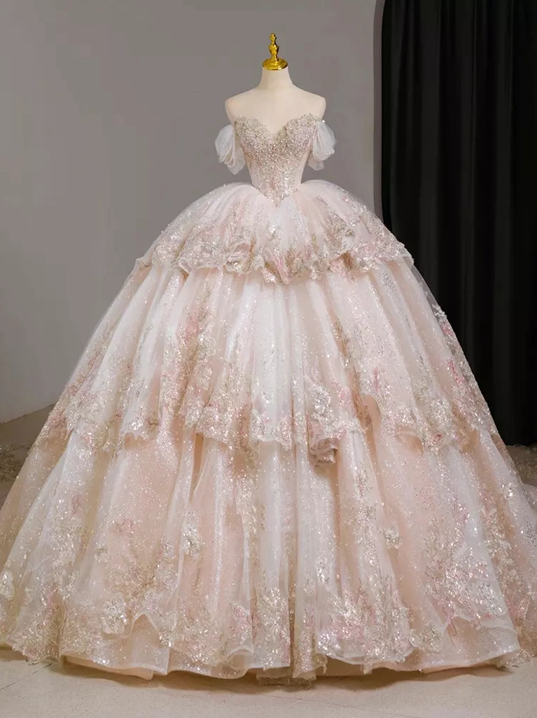 Champagne pink ballgown wedding dress sweetheart off-shoulder neckline sweet lolita aesthetic layered tulle design