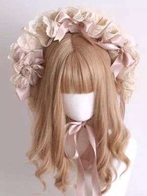 Front view of champagne sweet lolita bonnet headdress with beige ruffled lace and pink satin bows on mannequin