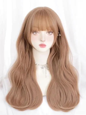 Champagne sweet lolita long wavy wig with feathered air bangs worn on mannequin model featuring romantic tousled waves and full volume perfect for lolita fashion styling