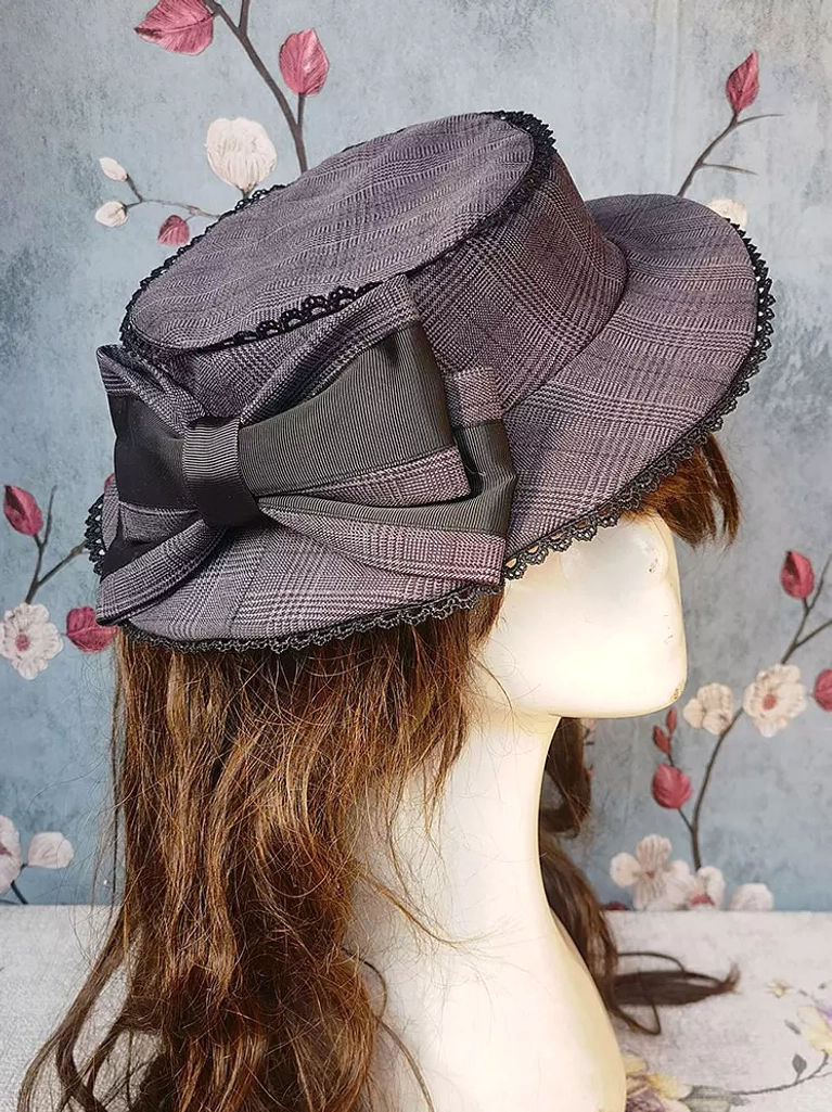 Charcoal grey plaid rococo lolita flat-top hat with dark grey bow and black lace trim, gothic elegant lolita headdress design