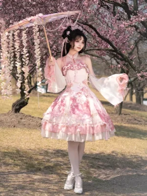 Cherry blossom halter lolita dress with embroidered floral details full front view magenta