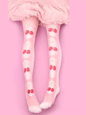 Cherry blossom velvet Lolita socks in soft pink with red cherry prints and striped toe detail, full-leg rear view showing delicate bow patterns and lace accents worn with pink ruffled lolita skirt
