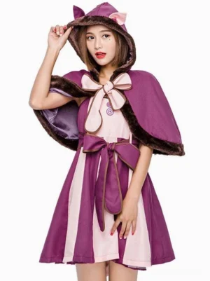Three-quarter front angle of Cheshire Cat themed purple lolita costume showing adjustable hood, bodice button details, satin cape lining, and color-block skirt design